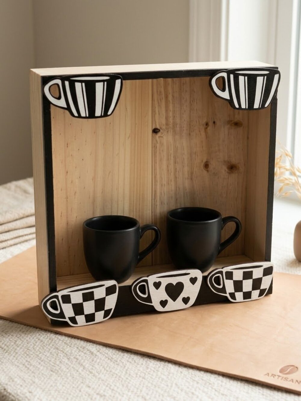 Modern Wooden Coffee Mug Holder Stand & Display Shelf 13x13 Wooden Shadow Box